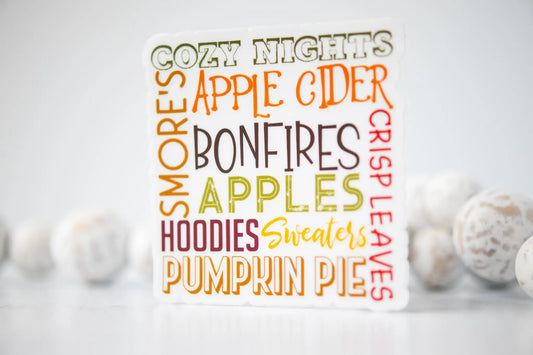 Cozy Nights Fall Favorites, Fall Vinyl Sticker, 3x3 in